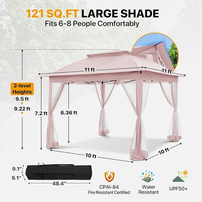 COOS BAY 11x11 Pop Up Gazebo with Mesh Netting, Instant Outdoor Canopy Tent, Water Resistant Shelter with UPF 50+ UV Protection, 121 Sq Ft Coverage, Pink