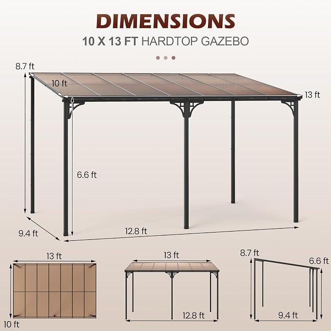 Tangkula 10x13 Ft Lean-to Wall-Mounted Gazebo, Large Hardtop Pergola with Sloped Polycarbonate Roof, Aluminum & Metal Frame, Heavy-Duty Permanent Shelter for Deck Porch Backyard (Black,10x13 FT)