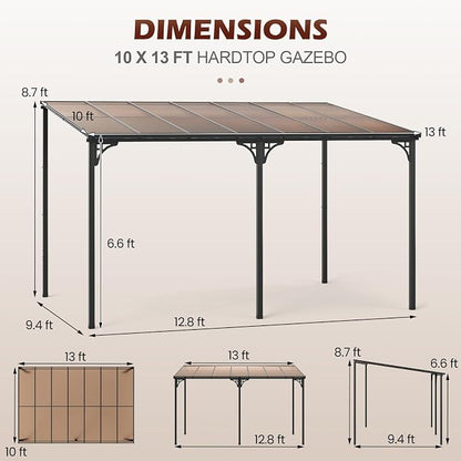 Tangkula 10x13 Ft Lean-to Wall-Mounted Gazebo, Large Hardtop Pergola with Sloped Polycarbonate Roof, Aluminum & Metal Frame, Heavy-Duty Permanent Shelter for Deck Porch Backyard (Black,10x13 FT)