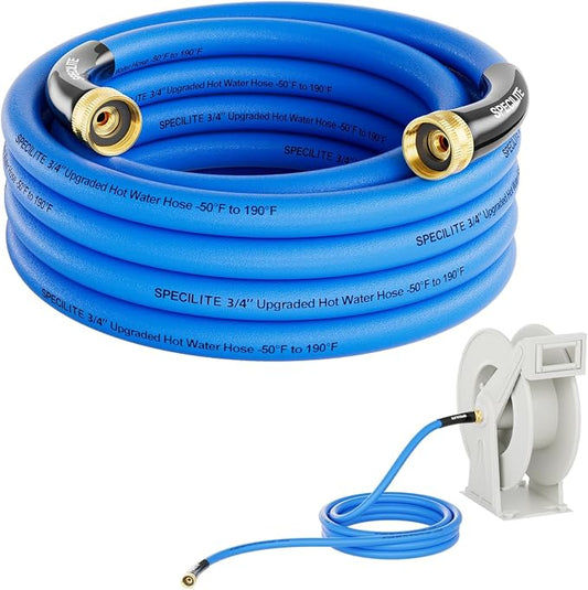 SPECILITE Female to Female Hot/Cold Garden Water Hose 15 ft x 3/4 Inch for Hose Reel, -50℉ To 190℉, Heavy Duty, Flexible, Burst 605 Psi, Rubber Extension Pipe with 3/4" Brass Fittings