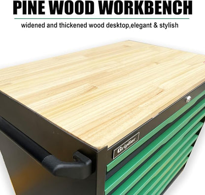 7-Drawer Tool Chest with Wood Top, 31.3W x 18.9D x 32.3H inches, Black and Green，Locking Rolling Tool Box with Wheels,Mechanic Tool Cabinets for Garage, Warehouse,Repair Shop(7 Drawers)