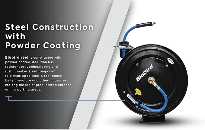 BLUBIRD BBR3825 20ga. Retractable Hose Reel with 3/8" x 25' Air Hose, 12 Point Ratcheting Gear, Next-Gen Rubber, Lightest, Strongest, Most Flexible, 300 PSI, -50F to 190F Degrees, Polyester Braided