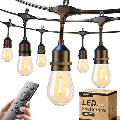 addlon 100FT Outdoor String Lights with Remote Dimmable Patio Lights Waterproof Shatterproof Edison Bulb for Outside Backyard Porch Garden Bistro Pergola Party Decor, Warm Ambience Lighting