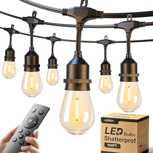 addlon 100FT Outdoor String Lights with Remote Dimmable Patio Lights Waterproof Shatterproof Edison Bulb for Outside Backyard Porch Garden Bistro Pergola Party Decor, Warm Ambience Lighting