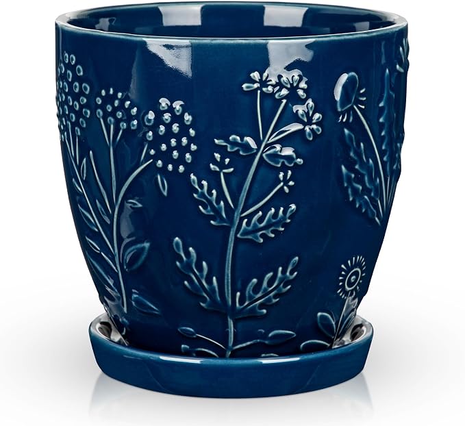 Hollyone 6 Inch Blue Ceramic Planter Flower Plant Pot with Drainage Hole and Saucer for Plants Embossed Indoor Outdoor Garden Embossed Ceramic Glazed Round Pot for Succulent Orchid Floral Pattern