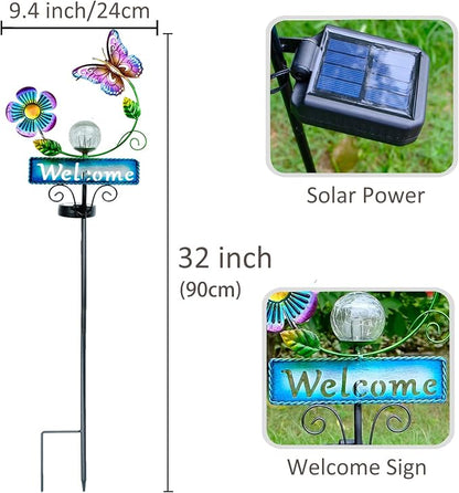 Butterfly Garden Decorations for Outside, Solar Waterproof Stake Lights with Welcome Sign for Yard Lawn Patio Pathway, Warm Gifts for Mom Grandma Housewarming (Butterfly)