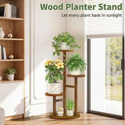 LASZOLA 3 Tiered Wood Plant Stand Indoor Corner, Flower Holder Rack Tall for Multiple Plants, Rustic Planter Shelf Display for Patio Garden Balcony Living Room, Brown