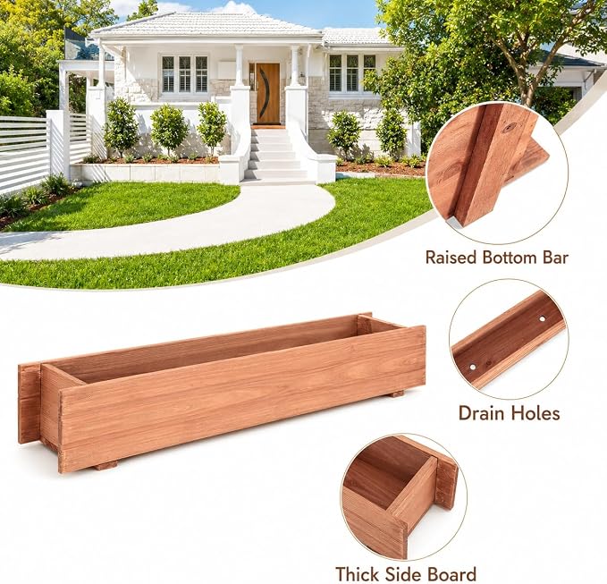 Giantex Raised Garden Bed, 36" x 7" x 6.5" Wooden Elevated Planter Box for Flower Vegetable Herb Garden, Window Mounted Plant Box for Planting Garden Backyard Patio