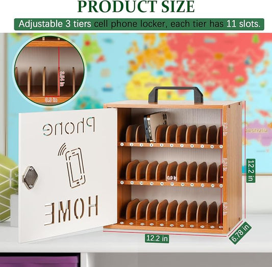 Echaprey Cell Phone Holder Classroom Adjustable 33 Slots Pocket Chart Wooden Cell Phone Storage Cabinet with Handle and Lock Desktop Cell Phone Holder for Classroom Office (Cherry)