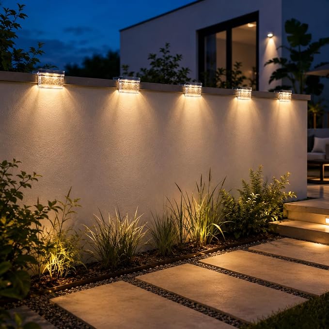 Qualdout Solar Deck Lights 8 Pack, IP65 Waterproof Solar Step Lights Outdoor, Warm White Solar Fence Lights with Crystal Acrylic Lens, Dusk to Dawn LED Lights for Stairs, Railing, Patio, Pool, Yard
