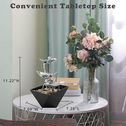 Trilogy Tabletop Fountain with 3-Tier Stainless Steel Waterfall | Handcrafted Design, Adjustable Water Flow & Smart Pump for Modern Home Decor