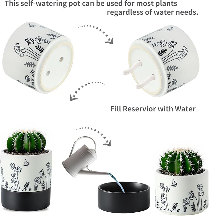 Nihow Self Watering Pots for Indoor Plants,4.5+6 Inch,White Hand Painting | Ceramic Planter, Drainage Hole & Water Storage Plus, Cylinder Round Flower Pot, For Succulent/Herbs/Violets