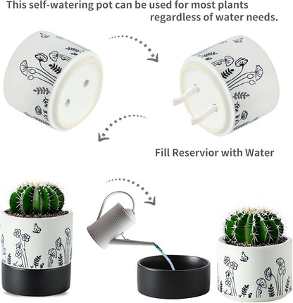 Nihow Self Watering Pots for Indoor Plants,4.5+6 Inch,White Hand Painting | Ceramic Planter, Drainage Hole & Water Storage Plus, Cylinder Round Flower Pot, For Succulent/Herbs/Violets
