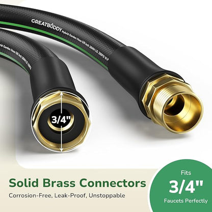 GreatBuddy Garden Hose 50 ft, 5/8" Flexible Rubber Water Hose, Heavy Duty, Lightweight Hose, Burst 600 PSI with Solid Brass Male to Female Fittings, Leakproof Hose for Backyard, Garden