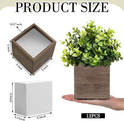 Suzile 12 Set 5 Inch Wooden Planter Box Flower Square vases for Centerpiece Rustic Cube Planter Box with Removable Foam Blocks Liner Square Vase Craft for Garden Home (Brown)