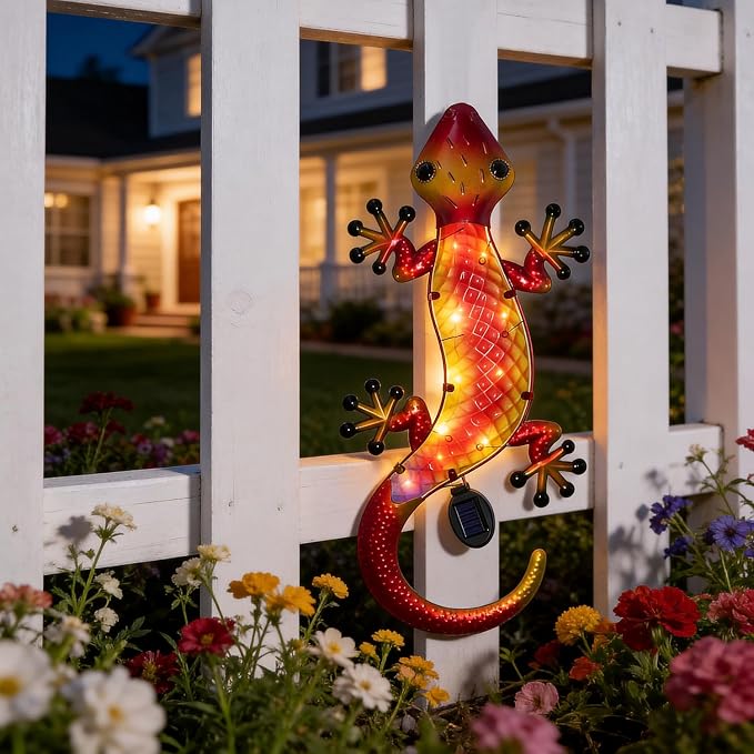 HONGLAND Solar Lizard Wall Decor-30 Inch 3D Gecko Metal Wall Art Outdoor Hanging Glass Sculpture, Yard Decorations Outdoor for Garden Fence