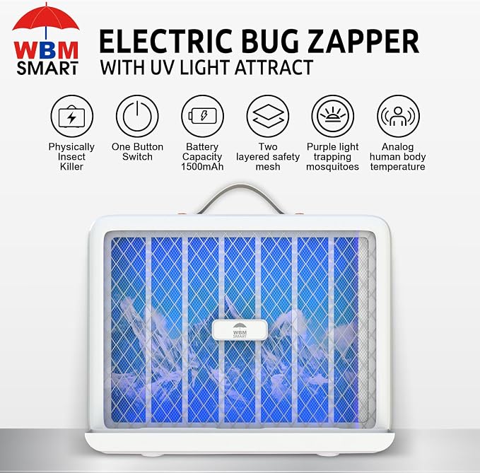 WBM Smart Electric Bug Zapper, LED UV Light Trap Mosquito, Portable & Wall-Mountable High-Voltage Electric Mosquito Bug Zapper Indoor & Outdoor with Safety Mesh