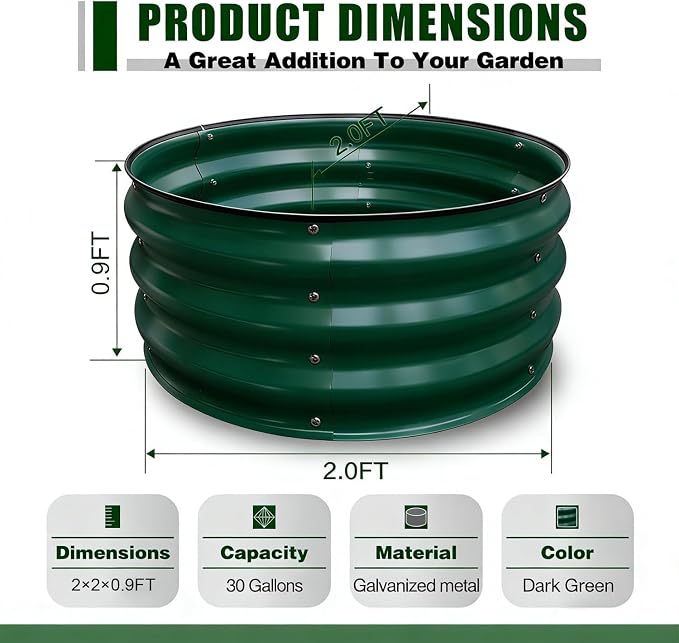 GrowHaus 2x2x1FT Galvanized Raised Garden Bed, Planter Boxes Outdoor Round Metal Garden Beds for Planting Vegetables Flowers Herbs 2 Pack Dark Green