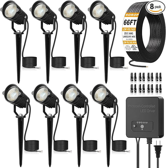 Low Voltage Landscape Lighting Kit, 6W Landscape Lights with 100W Transformer 66FT UL-Listed Wire & Connectors, 3000K Waterproof Outdoor Spotlight Lights for Yard House Tree 12V-24V 8Pack