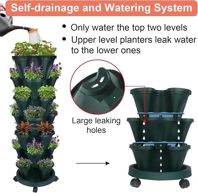 GameXcel Vertical Planter Tower - 7 Tier Stackable Garden Planters with Wheels and Tools Plant Pots for Strawberry Herb Flower and Vegetable Indoor Outdoor Use Green