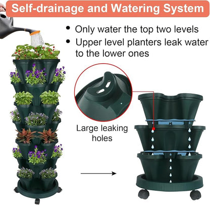 GameXcel Vertical Planter Tower - 7 Tier Stackable Garden Planters with Wheels and Tools Plant Pots for Strawberry Herb Flower and Vegetable Indoor Outdoor Use Green