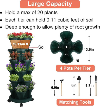 GameXcel Vertical Planter Tower - 6 Tier Stackable Garden Planters with Wheels and Tools Plant Pots for Strawberry Herb Flower and Vegetable Indoor Outdoor Use Green