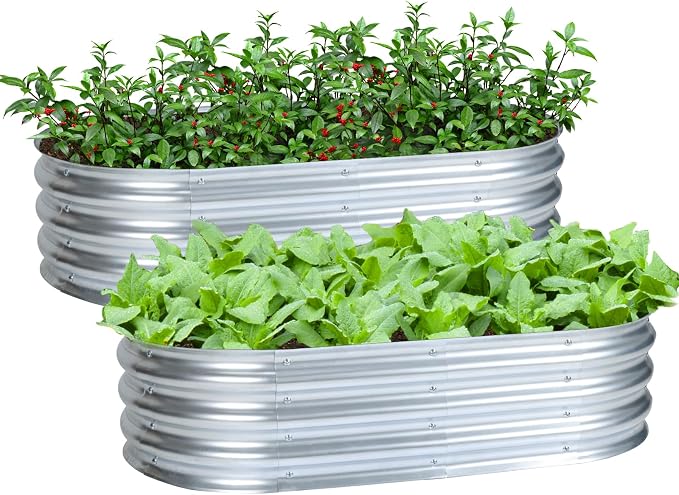 Aoodor Galvanized Raised Garden Bed Kit 2 Pcs, 4 x 2 x 1 Ft Oval Outdoor Metal Planter Box for Vegetables, Flowers & Herbs, Silver