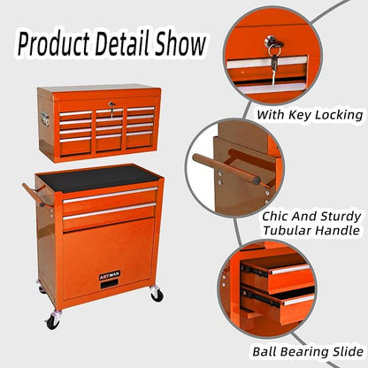 8-Drawer Tool Chest, Detachable Top Box for Garage,Orange | Rolling Mobile Storage Cabinet Organizer with Lockable Wheels for Workshop Utility, Heavy Duty Metal Construction