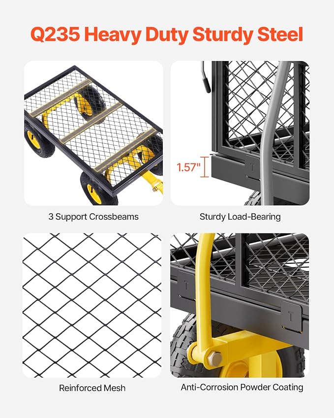 VEVOR Steel Garden Cart 500 lbs Heavy Duty Garden Wagon Cart on Wheels | Pullable Metal Yard Utility Wagon with 10" All Terrain Tires, Mesh Detachable Sides (Convert to Flatbed) 180° Rotating Handle