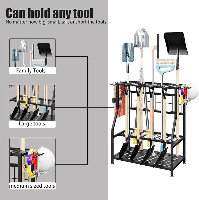 Garden Tool Organizer Yard Tool Tower Rack Shed Organization | Garage Organizers Yard Tool Organizer Heavy Duty Storage up to 60 Long Handled Sturdy Metal Steel Holder with Hooks