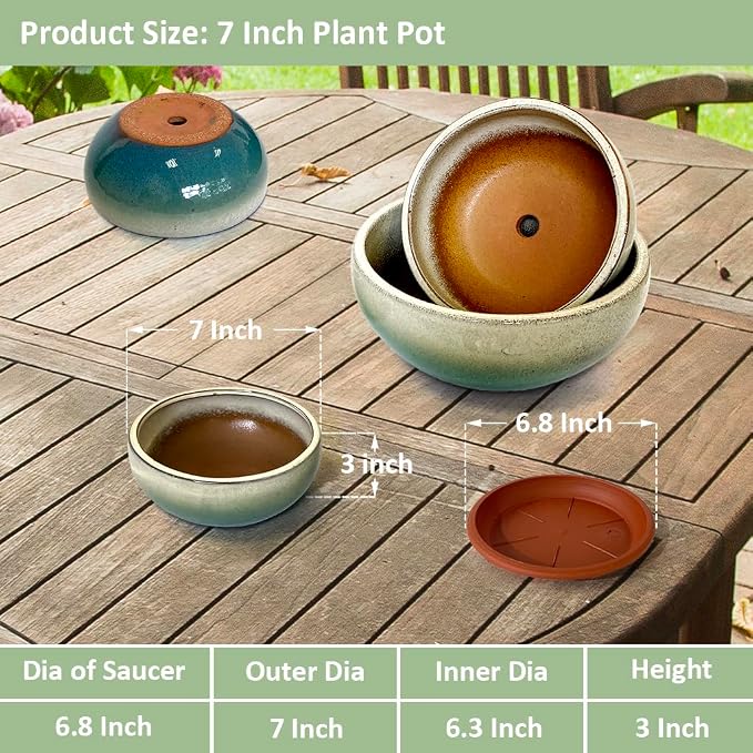 7 Inch Glazed Terracotta Plant Pot Round Ceramic Succulent Planter Pot with Drainage and Mesh Pad Cactus Clay Bonsai Pot (Green)