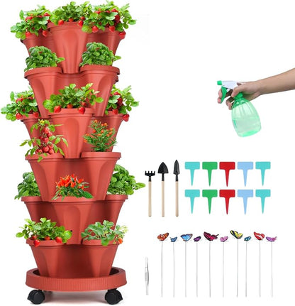 GameXcel Vertical Planter, 6 Tier Stackable Strawberry Planter with Garden Tool Set, Movable Indoor/Outdoor Garden Herb Pot for Growing Vegetables and Succulents, Red