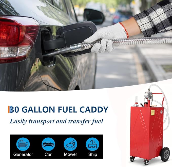 Garvee 30 Gallon Fuel Caddy with Manual Transfer Pump, Portable Gas Storage Tank on 4 Wheels, Gasoline & Diesel Fuel Storage Tank for Cars, Lawn Mowers, ATVs, Boats, More, Red | Portable Gas Storage Tank on 4 Wheels, Gasoline & Diesel Fuel Storage Tank...