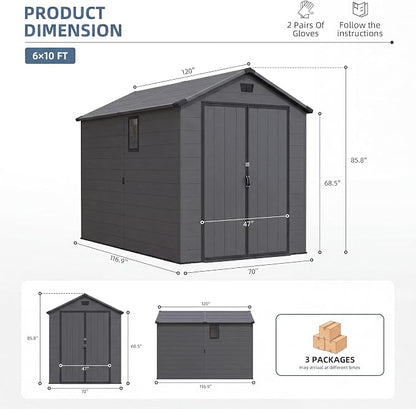 Greesum 6x10FT Plastic Storage Shed with Floor, Resin Outdoor Storaged Sheds with Lockable Double Door, Window and Vents, All-Weather Tool Sheds for Patio, Garden, Backyard, Dark Gray