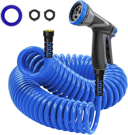 Coil Hose,3/8" EVA Coil Garden Hose 25 FT,Curly Water Hose Lightweight with Metal Connectors and Swivel Handle,Retractable Garden Hose Includes 8-Pattern Spray Nozzle for Boat, Yard, Patio