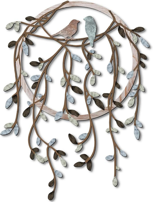 Ferraycle Metal Wall Art Bird on Tree Branch Silhouette with Drooping Vines Bird Art Decor Rustic Metal Spring Decor for Living Room Outdoor Garden Porch Wall Housewarming Party Gift(Dark Color)