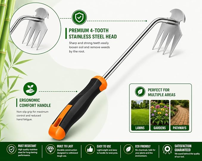 Premium Weed Puller Tool, 2-in-1 Garden Weeder Hand, Stainless Steel Gardening Accessories with 4 Sharp Teeth Remover, Weeding Supplies for Landscaping Essentials (Rubber Handle)