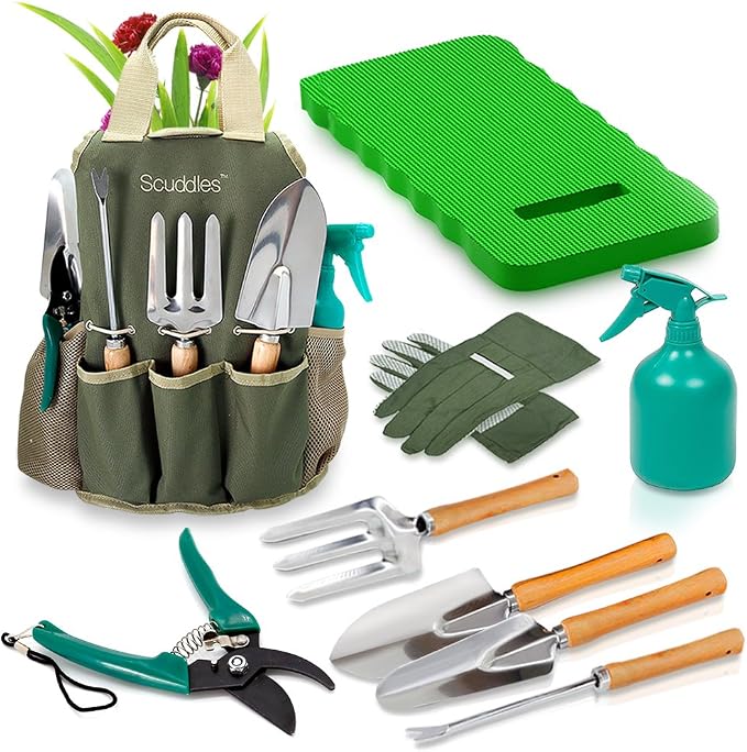 Scuddles Premium Gardening Kit for Women – 10 Stainless Steel Tools with Ergonomic Handles, Tote Bag, Kneeling Pad, Shears, Gloves, Rake, Trowel & Shovel – Garden Set for Planting, Pruning & Gifts