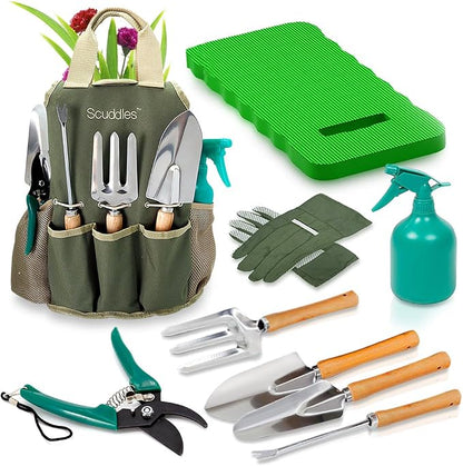 Scuddles Premium Gardening Kit for Women – 10 Stainless Steel Tools with Ergonomic Handles, Tote Bag, Kneeling Pad, Shears, Gloves, Rake, Trowel & Shovel – Garden Set for Planting, Pruning & Gifts