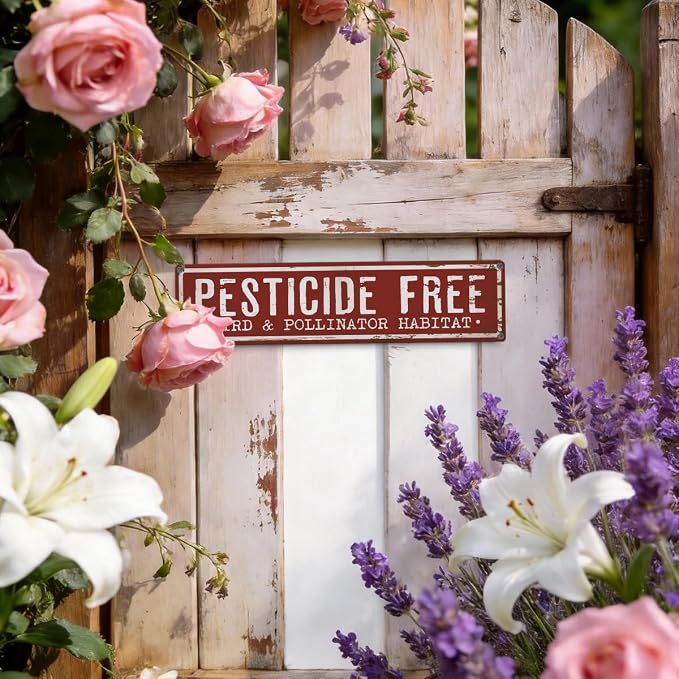 Garden Metal Tin Sign, Pesticide Free Bird & Pollinator Habitat Sign, Vintage Rustic Farmhouse Outdoor Wall Decor, for Porch Patio Yard Fence, Garden Notice Decor, 15.7 x 3.9 Inches