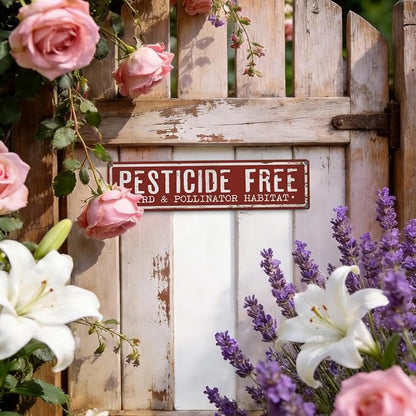 Garden Metal Tin Sign, Pesticide Free Bird & Pollinator Habitat Sign, Vintage Rustic Farmhouse Outdoor Wall Decor, for Porch Patio Yard Fence, Garden Notice Decor, 15.7 x 3.9 Inches