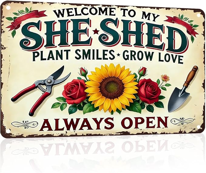 PEACHGARDEN Garden Decor She Shed Wall Art Decor Welcome To My She Shed Garden Metal Sign for Greenhouse Plantroom Yard Patio 12x16 inch