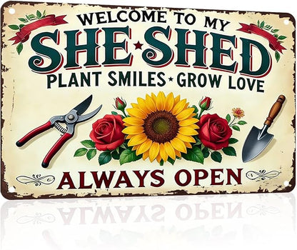 PEACHGARDEN Garden Decor She Shed Wall Art Decor Welcome To My She Shed Garden Metal Sign for Greenhouse Plantroom Yard Patio 12x16 inch