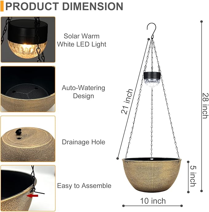 SUNNYPARK 2 Pack Solar Hanging Planters for Plants Outdoor | Self Watering, Copper Flower Pots with Solar Light, Hanging Garden Planters with Drainer for Balcony Patio Outdoor Decor