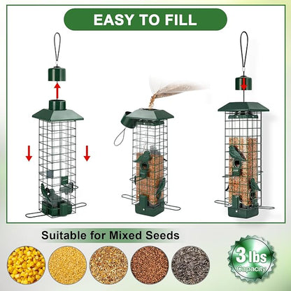 Gbekery Squirrel Proof Bird Feeder, Metal Mesh Feeders for Outdoors Hanging, Gravity Protection Wild Bird Feeders for Finch Chickadee, Weather Resistant, 3LB Large Capacity, Green