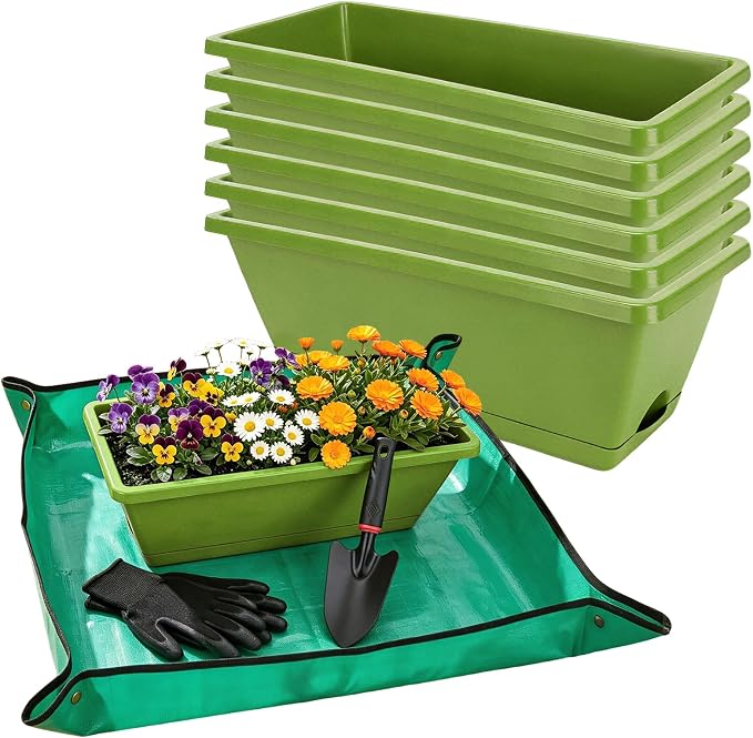 7 Pack Window Box Planters, 17 Inch Plastic Rectangular Flower Pots for Indoor/Outdoor Plants, Herbs, Vegetables, Includes Trowel, Waterproof Mat & Gloves(Light Green)
