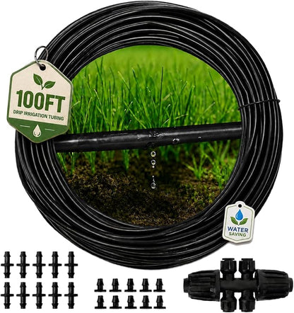 MIXC 1/4" Irrigation Dripline Tubing (100 Ft Roll), Saving 80% Water, 6" Emitter Spacing, 0.5 GPH Emitters Built-In Drip Irrigation Line with 1/4" Fittings Included, Black