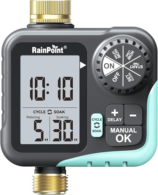 RAINPOINT Sprinkler Timer for Garden Hose - Hose Timer with Cycle & Soak/Rain Delay/Automatic Watering/Manual Watering, Programmable Irrigation System with Large Display, Brass Inlet & Outlet
