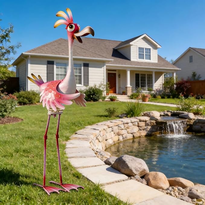 Natelf Outdoor Summer Flamingo Metal Garden Yard Art 25in | Weatherproof, Rustproof, Large Outdoor Garden Statue, Spring-loaded, For Women Mom Grandma