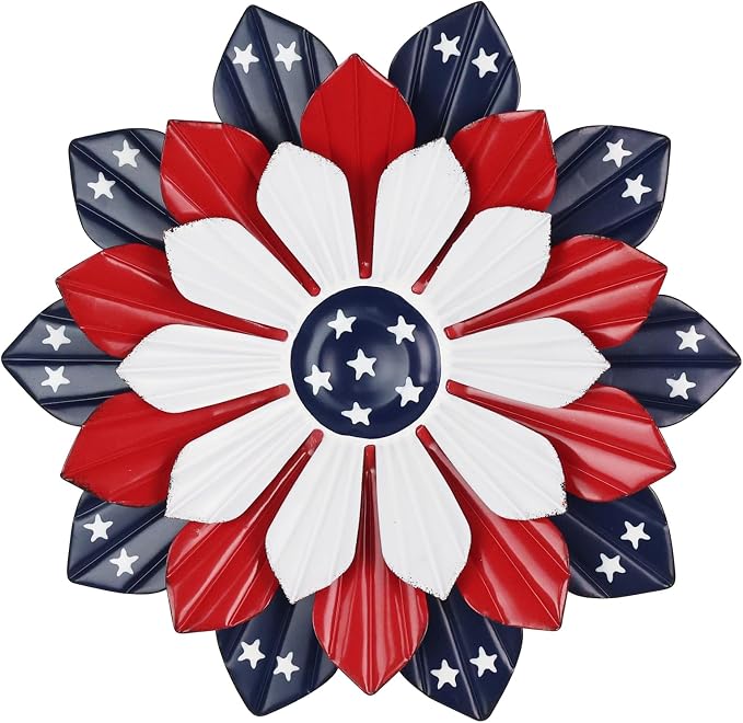 YEAHOME 4th of July Decorations Outdoor, 11" Red White and Blue Metal Flower Wall Art for Fourth of July Decor, Stars and Stripes Patriotic Decorations for Home Garden Lawn Porch